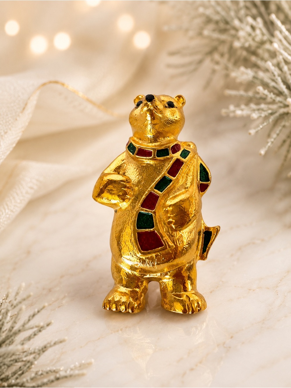 Vintage Gold Tone Polar Bear Brooch Red Green Enamel Christmas Holiday Pin